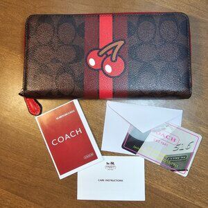 Coach True Red Brown Antique Black Signature Pac Man Accordion Zip F56718 Wallet
